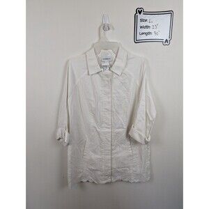 NEW Peck & Peck Women Size L White Linen Blend Eyelet Embroidered Shirt Jacket
